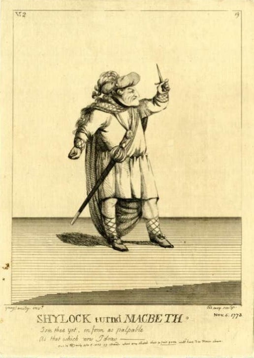 Satirical image of Charles Macklin as Macbeth, a diminutive man angrily brandishing a dagger