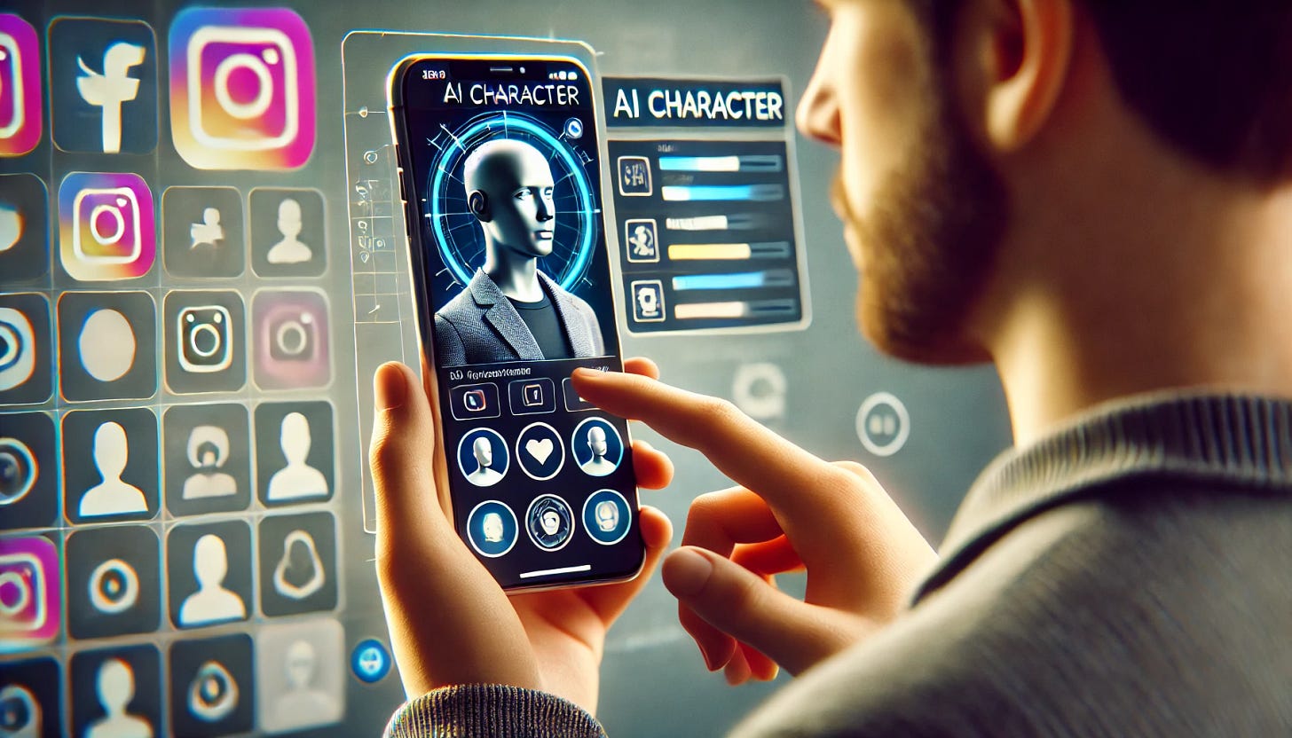 A person using their phone to create an AI character based on their Instagram profile. The scene should have a 3D texture, with the person's phone screen showing a user interface for customizing an AI character. The background should feature elements from Instagram, like icons or posts, in a subtle, integrated manner. The person is focused and engaged, with a modern and stylish setting around them. The image should be in a landscape horizontal ratio.