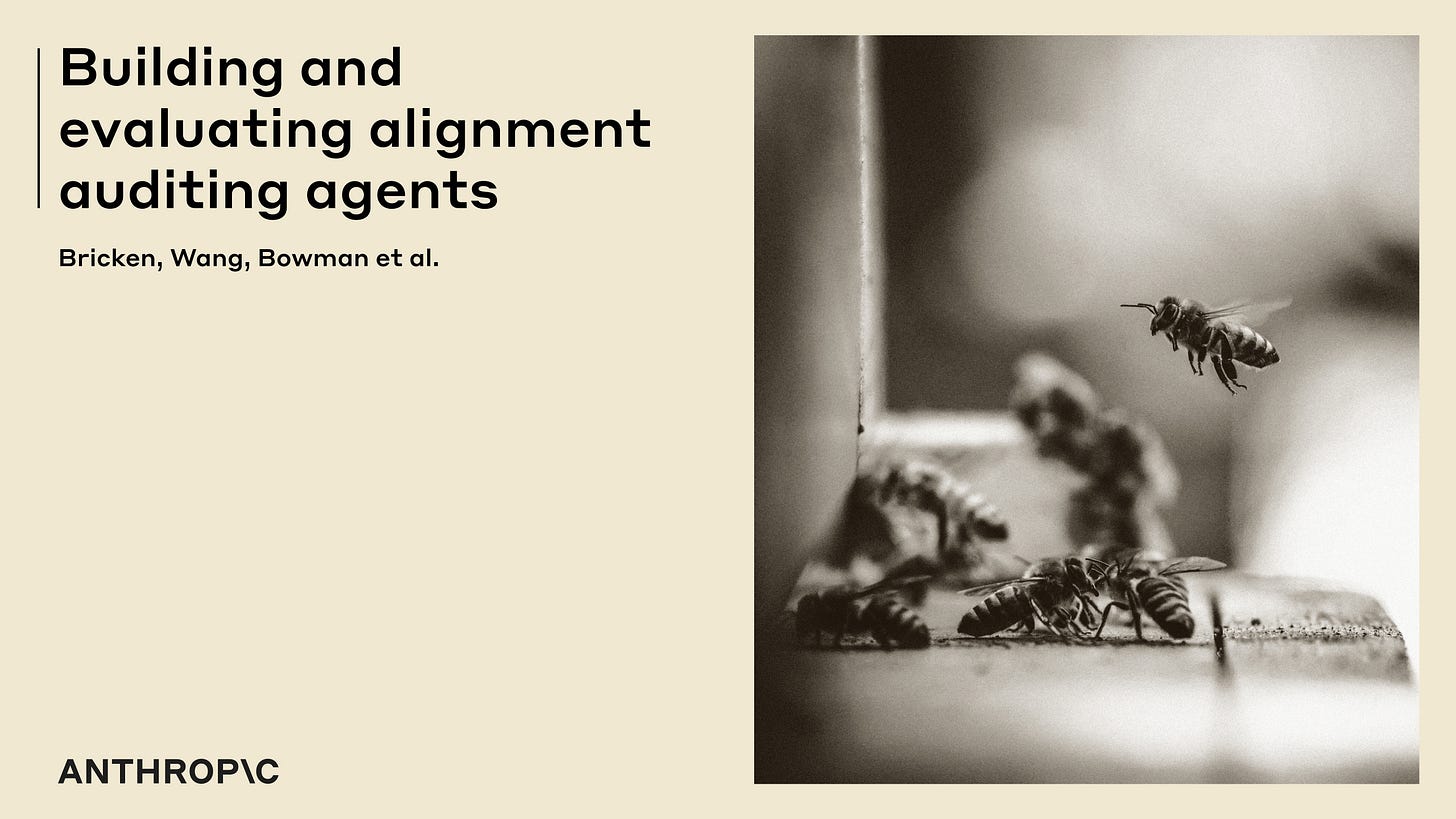 Title card for the Anthropic paper "Building and evaluating alignment auditing agents", by Bricken, Wang, Bowman et al. It is accompanied by a sepia-toned picture of worker bees.