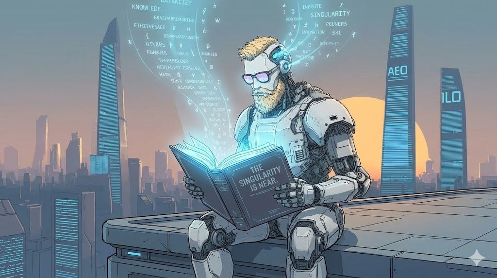 Image of a robot reading a book and the words downloading into its mind. Generated with Gemini