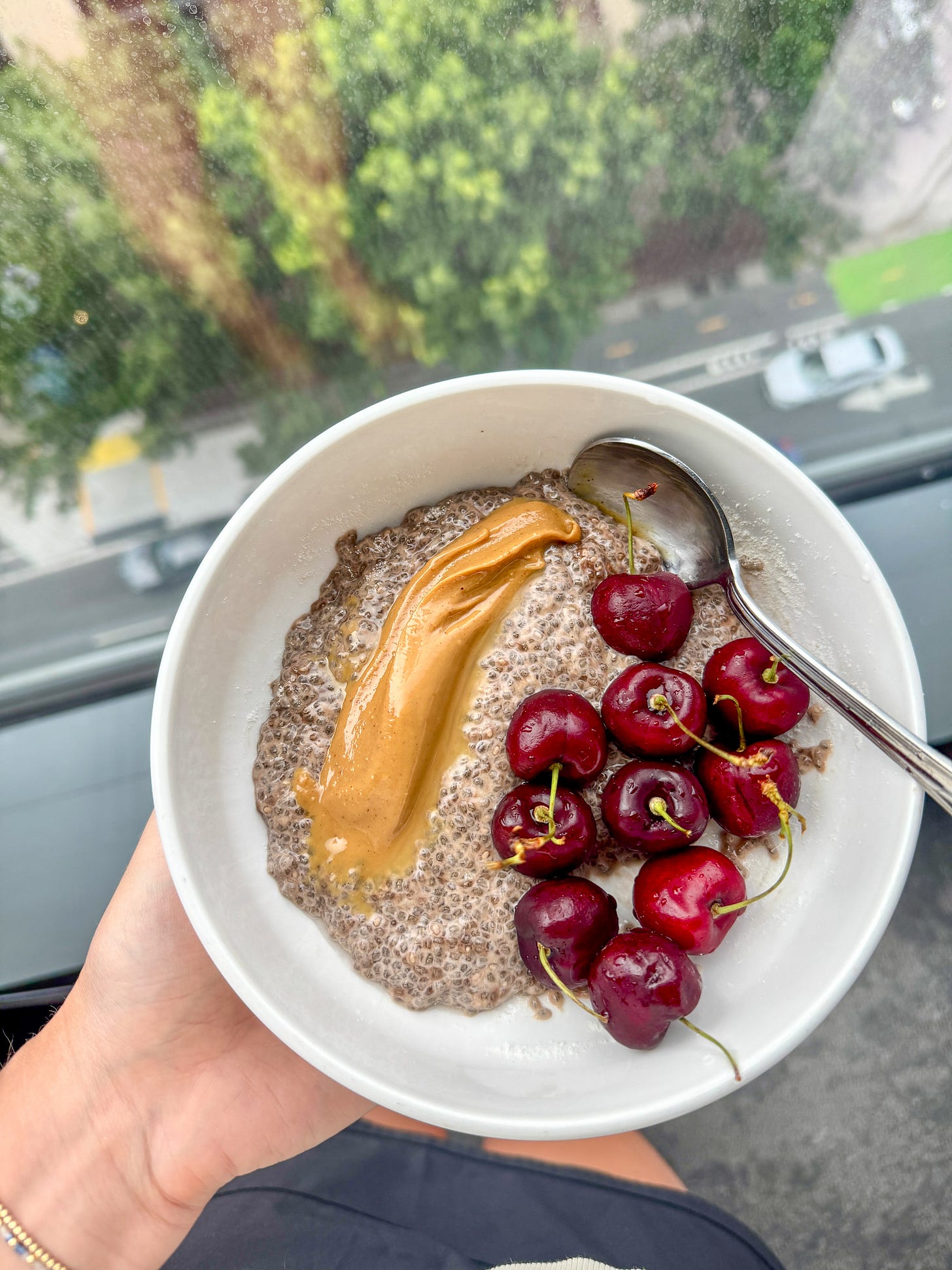 a balanced breakfast of chocolate cherry chia pudding with nut butter and fresh cherries