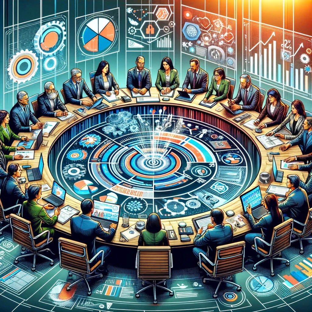 A detailed and vivid illustration of stakeholder management in a corporate setting. The image features a diverse group of individuals representing different stakeholders around a large, circular conference table. They are engaging in a constructive discussion, with a clear focus on collaboration and mutual understanding. Visual aids, such as charts and digital displays, surround them, showing data and strategies aimed at aligning their diverse interests and goals. Each person has a unique appearance, indicating their distinct roles - from corporate executives and project managers to community representatives and customers. The atmosphere is professional yet open, symbolizing the essence of effective stakeholder management - transparency, engagement, and strategic alignment.
