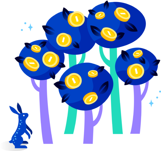 A standing Ziggy looking at illustrated coins and dollar bills sitting on top of five illustrated trees with blues leaves and purple and turquoise trunks
