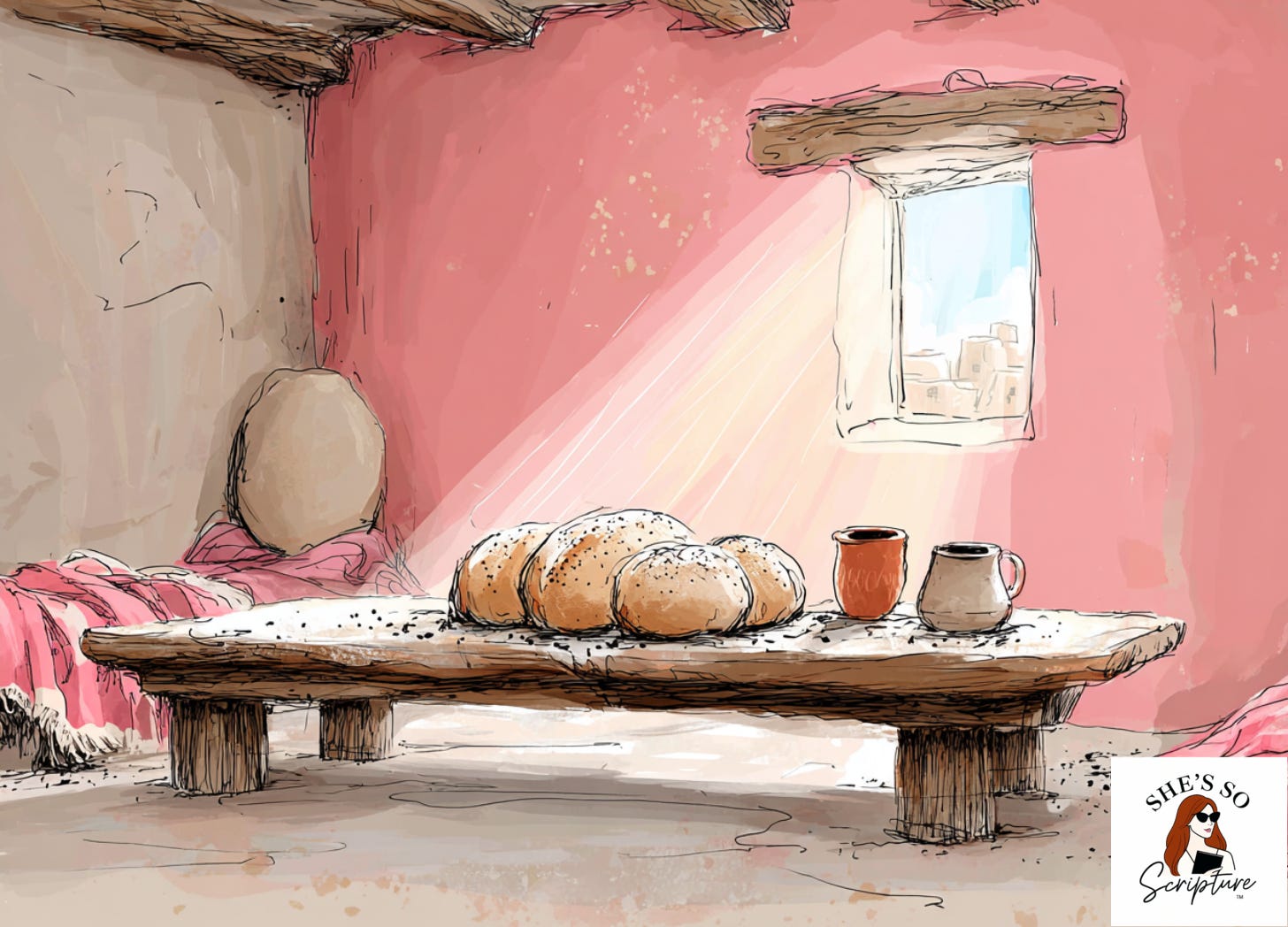 Illustration of fresh bread on a simple wooden table in an ancient setting, symbolizing Jesus’ teaching about daily bread and dependence on God.