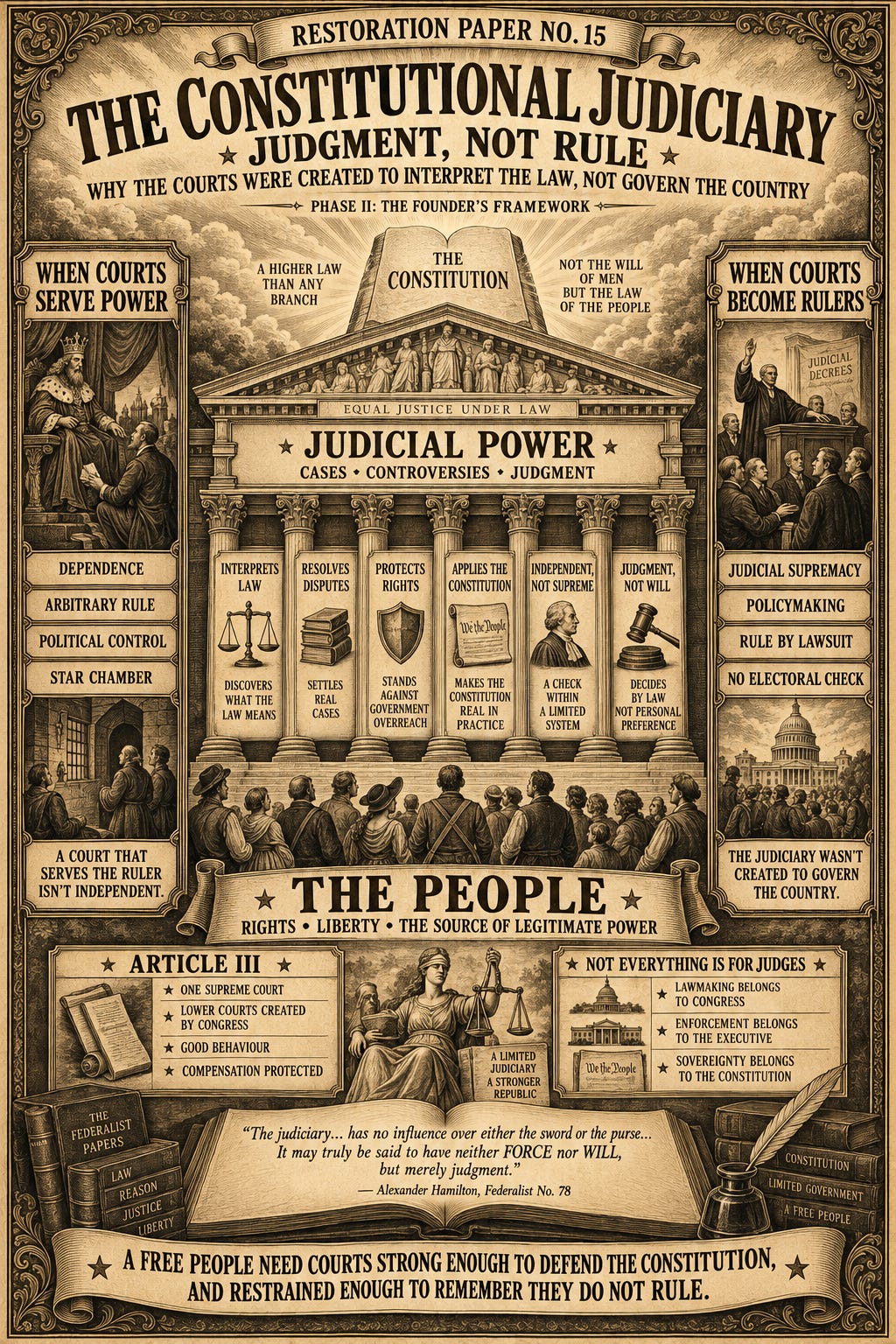 Vintage sepia infographic poster for Restoration Paper No. 15: The Constitutional Judiciary — Judgment, Not Rule. A classical courthouse stands beneath an illuminated Constitution, with columns labeled “Interprets Law,” “Resolves Disputes,” “Protects Rights,” “Applies the Constitution,” “Independent, Not Supreme,” and “Judgment, Not Will.” Side panels contrast courts that serve political power with courts that become rulers themselves, while a crowd labeled “The People” anchors the structure below. The poster also highlights Article III, judicial restraint, federalism, and Hamilton’s warning that the judiciary has “neither FORCE nor WILL, but merely judgment.” Vintage sepia infographic poster for Restoration Paper No. 15: The Constitutional Judiciary — Judgment, Not Rule. A classical courthouse stands beneath an illuminated Constitution, with columns labeled “Interprets Law,” “Resolves Disputes,” “Protects Rights,” “Applies the Constitution,” “Independent, Not Supreme,” and “Judgment, Not Will.” Side panels contrast courts that serve political power with courts that become rulers themselves, while a crowd labeled “The People” anchors the structure below. The poster also highlights Article III, judicial restraint, federalism, and Hamilton’s warning that the judiciary has “neither FORCE nor WILL, but merely judgment.”