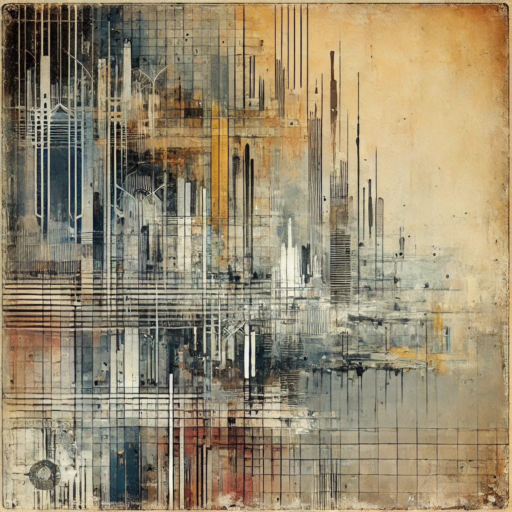 Modify the abstract, text-free, vintage-style cover image for a post about interacting with homeless people by adding a unique twist. Flip a section of the image upside down, introducing a visible break or 'scar' across the design to symbolize disruption or division. This alteration should enhance the abstract visual metaphors of urban life, like blurred lines suggesting subway movement or textured backgrounds reminiscent of old newspapers. The color palette remains in shades of gray and muted earth tones, reflecting complex emotions. Maintain the flat, early 20th-century abstract art style.