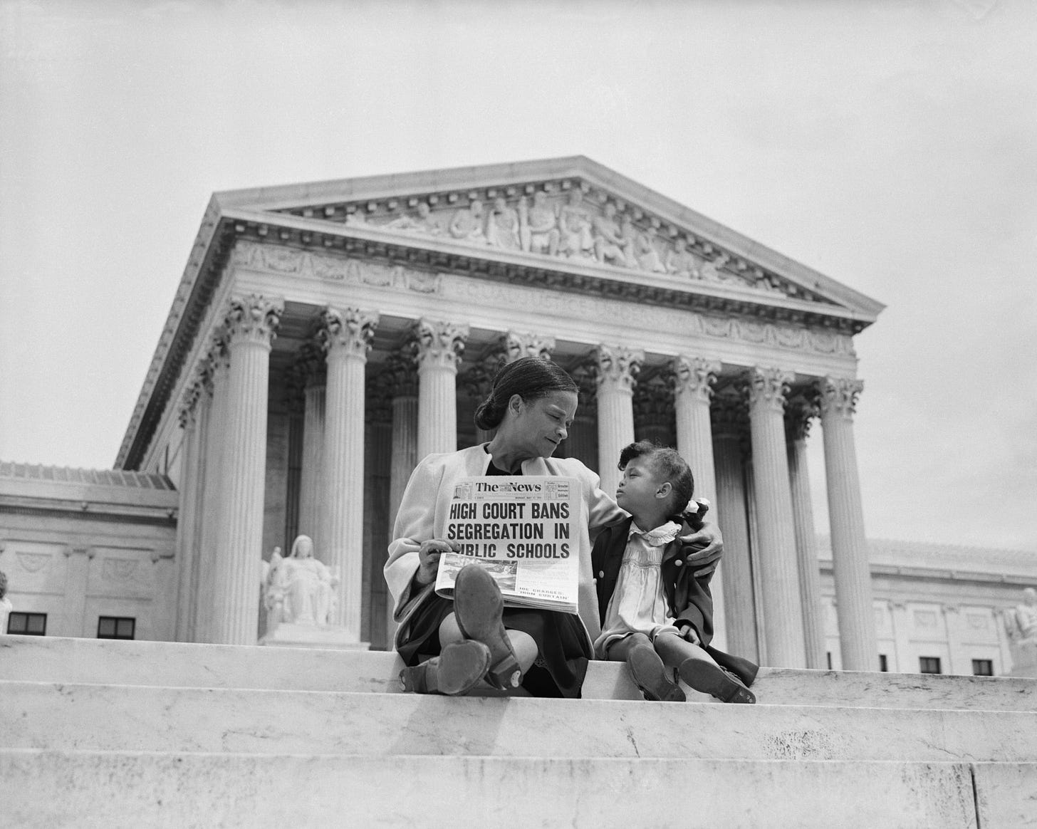 Mother and daughter on the steps of the Supreme Court shortly after Brown v. Board of Education ruling, May, 1954. (Photo by UPI/Bettmann via Getty Images.) Mother and daughter on the steps of the Supreme Court shortly after Brown v. Board of Education ruling, May, 1954. (Photo by UPI/Bettmann via Getty Images.)