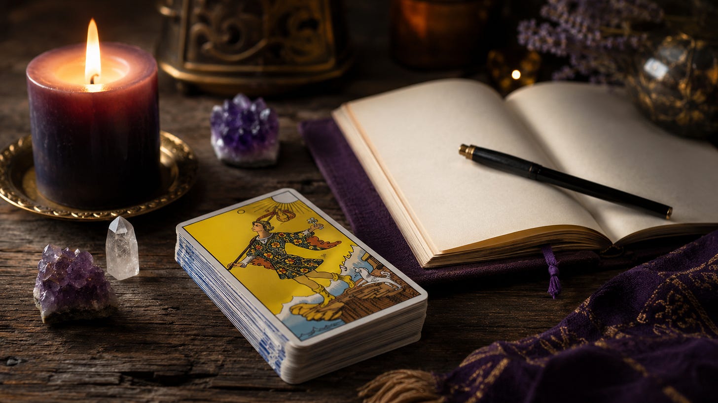 A tarot deck and an open notebook on a dark wooden table, lit by a single candle, with amethyst crystals scattered around it.
