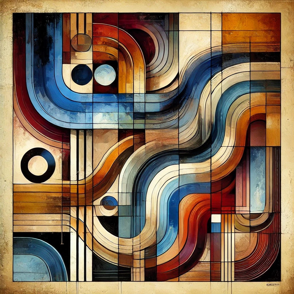 A bold and vibrant abstract composition that fully utilizes the square canvas, breaking free from traditional geometric patterns. Incorporate fluid shapes, dynamic curves, and intersecting lines that evoke energy and movement, all while maintaining a sophisticated aesthetic. Use unexpected textures and contrasting colors such as deep blues, earthy tones, and hints of warm gold, ensuring that the piece feels distinct and compelling. The composition should communicate a sense of both chaos and control, expressing depth and artistry. Avoid rigid structures, and aim for a balance between spontaneity and deliberate design choices, filling the canvas dynamically.