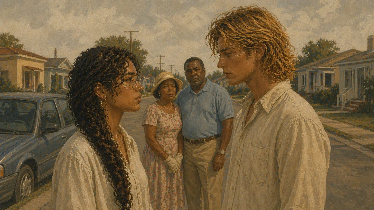 Young Latina woman and young man face each other on a quiet street, tension between them, while an older couple watches from a distance behind them.