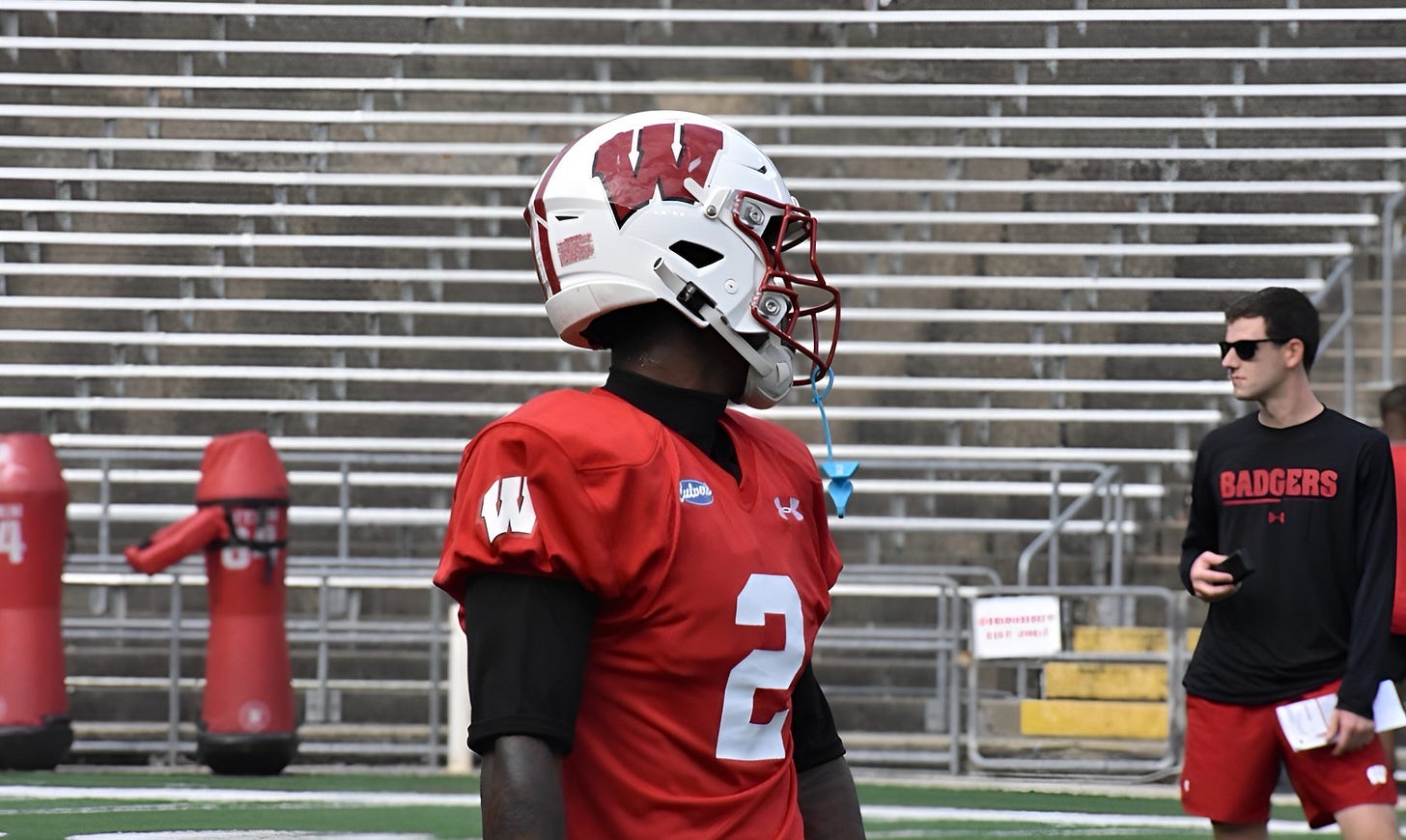 Wisconsin Badgers cornerback Javan Robinson stands on the field during a team practice inside Camp Randall. 