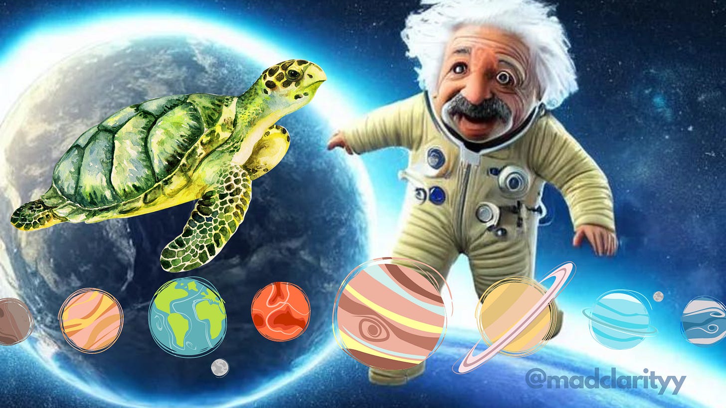 Gaintstein playing football with planets