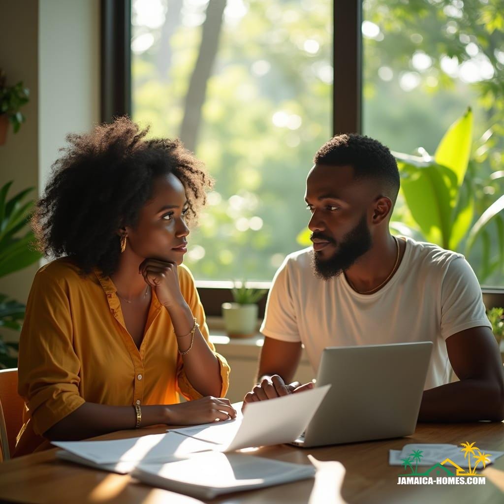 A thoughtful couple, mid-30s, sit at a table in a bright, modern Jamaican home, reviewing mortgage documents and a laptop. Sunlight streams through large windows, revealing lush tropical greenery. They wear casual, professional attire, expressions focused and contemplative. Subtle Jamaican decor or a small flag grounds the scene. Warm, hopeful, cinematic lighting enhances their partnership and financial planning. Shot on v-raptor XL with 35mm film grain, atmospheric color grading, post-processing, and a vignette, best quality masterpiece.