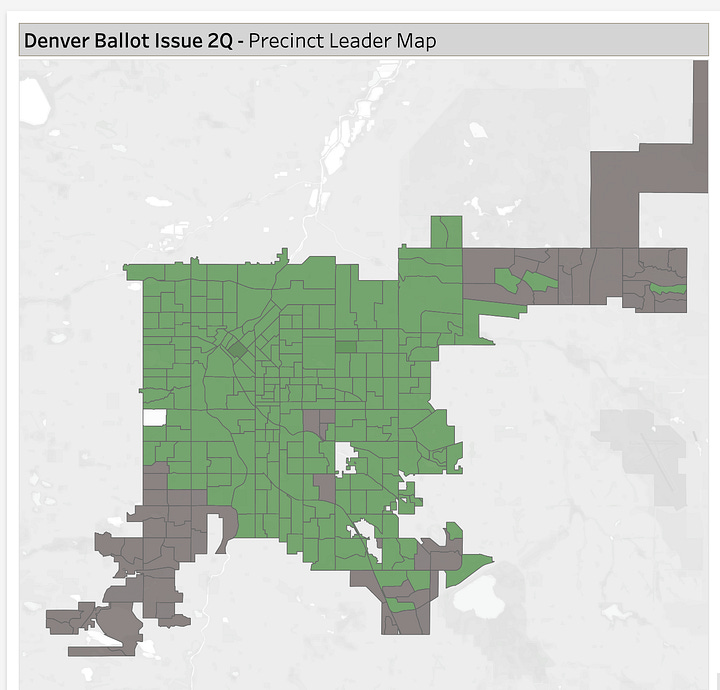 Maps of Denver precincts colored for passing or failing.