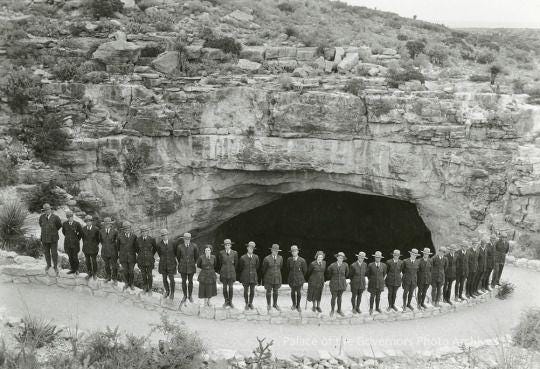 Park Rangers posing outside the main entrance of the carlsbad cavern nacional park,1936 Park Rangers posing outside the main entrance of the carlsbad cavern nacional park,1936