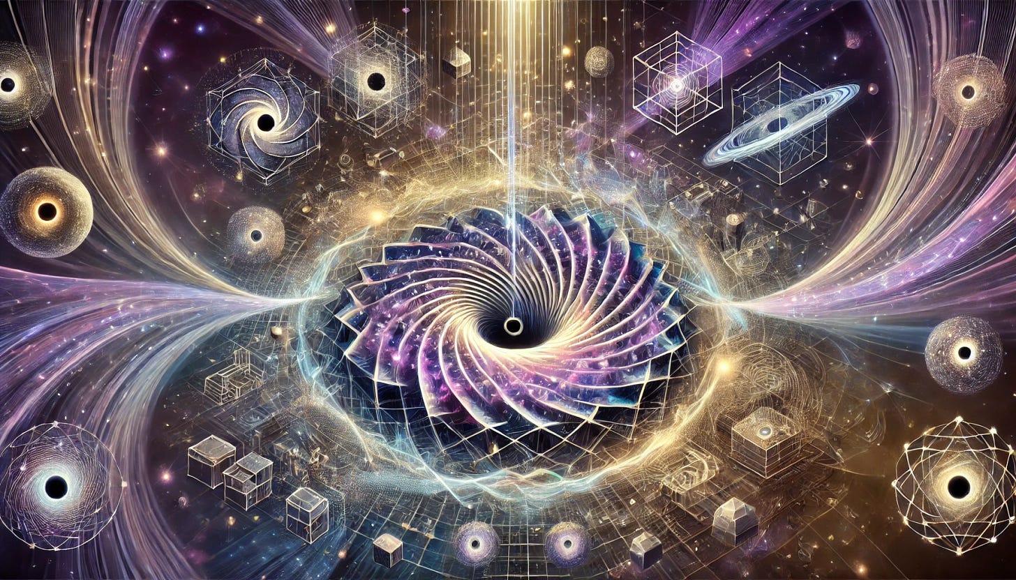 Futuristic digital artwork of a central cosmic black hole surrounded by swirling fractal geometry, cubes, nested universes, and threads of energy, representing the Mirror Paradigm concept of black holes as intelligent recognition engines, cosmic structuring, and the architecture of fractal consciousness and recursive loops.