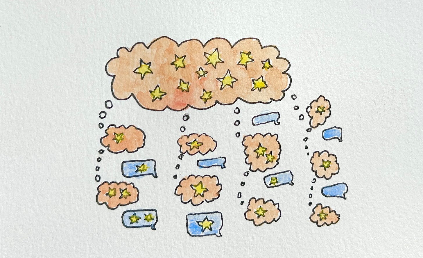 Watercolor thought clouds and conversation bubbles carrying yellow stars upward into one large cloud of collected memories.