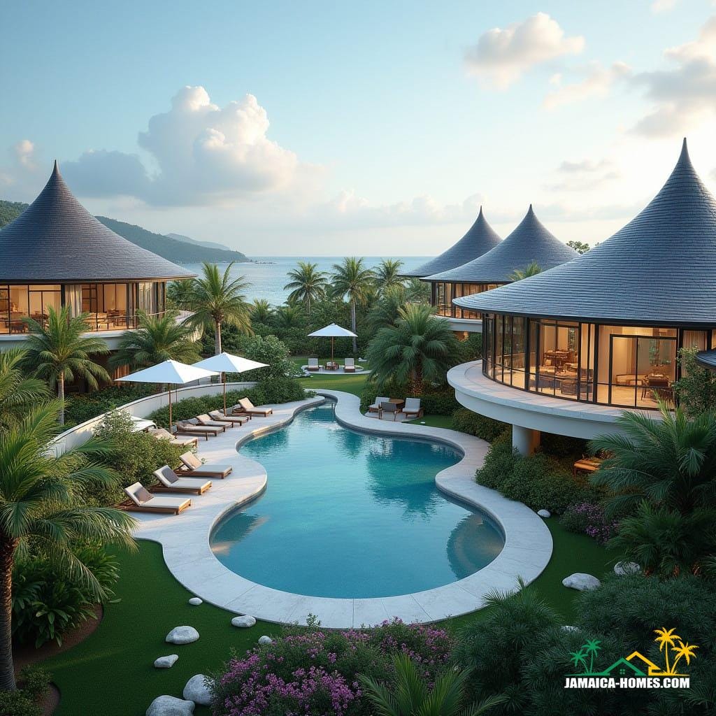 A modern and luxurious mixed-use development combining tourism and real estate in a tropical Jamaican setting. The scene features a series of beachfront resorts with attached luxury villas, all designed with sleek, contemporary architecture. The villas have glass facades, offering stunning views of the Caribbean Sea. In the foreground, a large, circular swimming pool adds an inviting, resort-like atmosphere. The design includes lush tropical landscaping with palm trees, vibrant flowers, and manicured lawns. The roofs of the buildings are pointed, providing a distinctive, elegant silhouette. Steel frame construction is evident, blending modern industrial style with the natural beauty of the Jamaican coastline. The overall scene conveys a harmonious blend of residential living and tourism, offering high-end amenities and a picturesque setting.