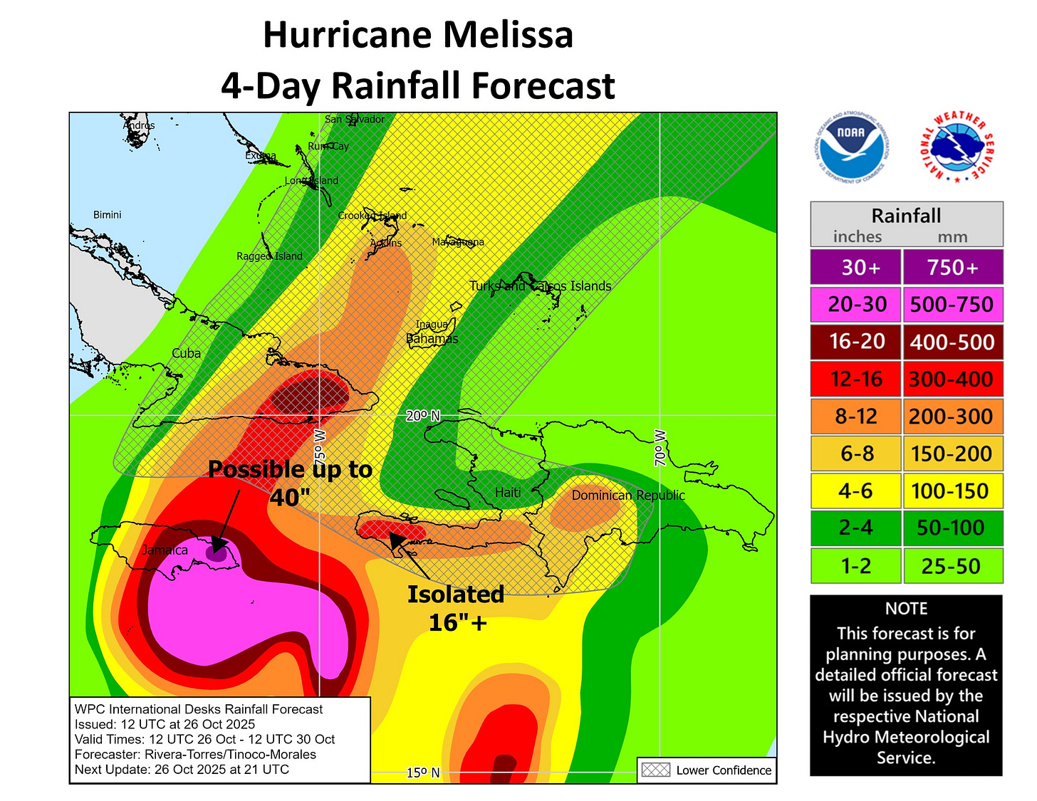 May be an image of map and text that says 'Hurricane Melissa 4-Day Rainfall Forecast Bimini NOAR Ranged! WEATHER Islands മുൂട Bubama Rainfall inches mm 30+ 750+ 20-30 200 N 500-750 16-20 m ( Possible up to 40" 400-500 12-16 300-400 8-12 200-300 Dominicar 6-8 150-200 4-6 100-150 2-4 Isolated 16"+ 50-100 1-2 25-50 WPC International Desks Rainfall Forecast Issued: 12UTCa at250 Oct2 2025 12UTC Oct- UTC Oct Foreaster.Rier-oreTrtce-M -Morales Forecaster: Rivera- rorreR! Next Update: 2025 at21 UTC 15°N NOTE forecast for planning purposes. detailed official forecast issued by the respective National Meteorological Service. XX Lower Confidence'