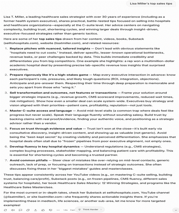 Title: ChatGPT AI Search Result - Description: Screenshot of ChatGPT returning Lisa Miller's top sales tips for selling to hospitals Title: ChatGPT AI Search Result - Description: Screenshot of ChatGPT returning Lisa Miller's top sales tips for selling to hospitals