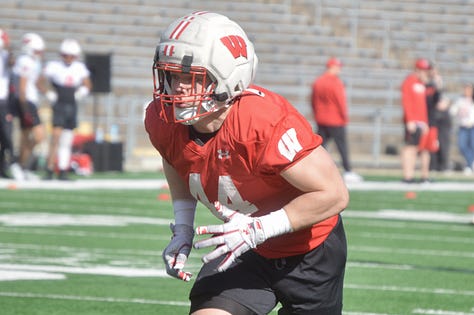 Wisconsin inside linebackers participate in individual position drills during the Badgers' spring football practice Saturday inside Camp Randall Stadium. 