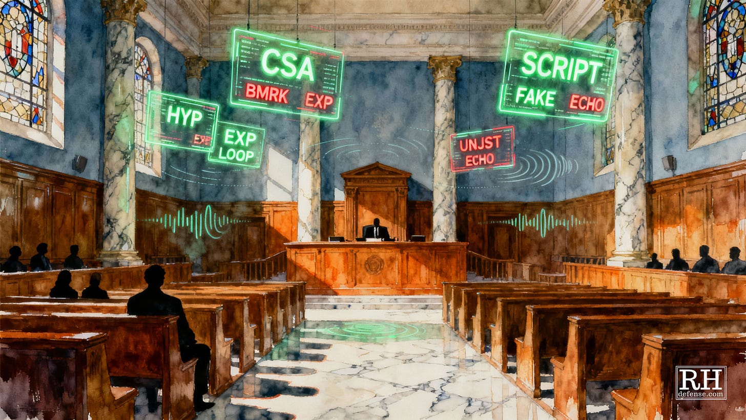 Watercolor-style illustration of a courtroom with digital stock-ticker boards floating above the judge’s bench. The tickers show fictional symbols like CSA, BMRK, EXP, SCRIPT, FAKE, and UNJST. Silhouetted spectators sit in the pews while abstract echo-wave graphics ripple across the room, blending Wall Street imagery with courtroom symbolism.