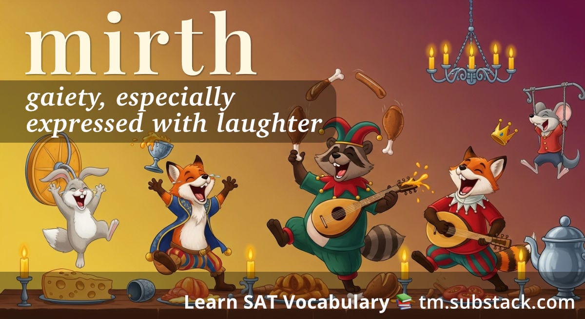 Laughing animal jesters playing lutes at a feast—visual mnemonic of laughter and gaiety.