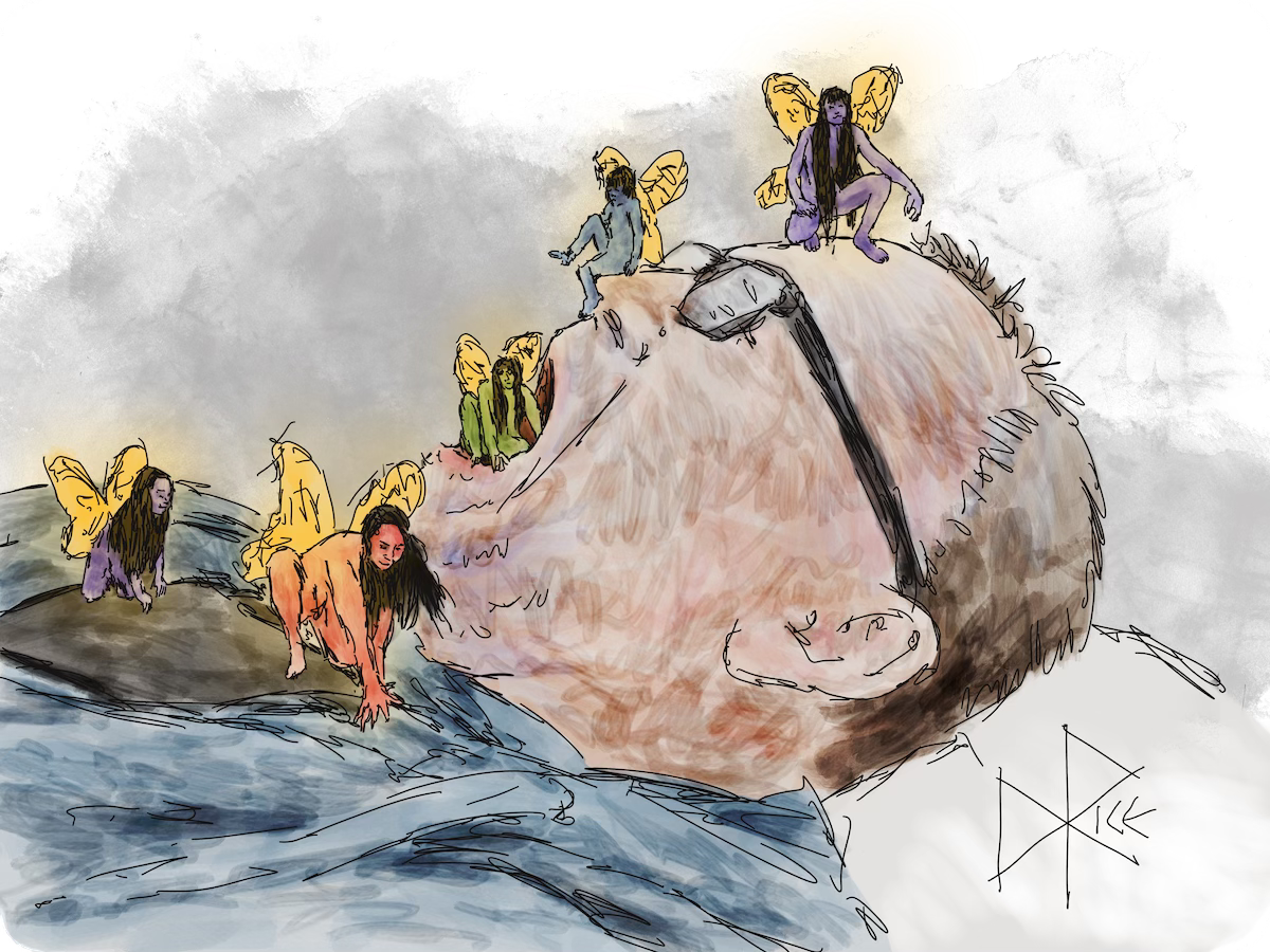 A napping man dreams of fairies, as those same fairyfolk delightedly frolic in their manifestations. Sketch art by Don Rice.