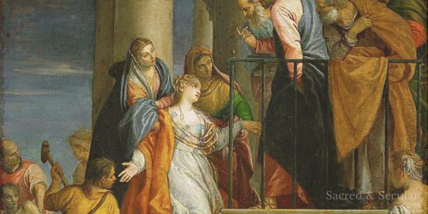 A Renaissance painting showing Jesus surrounded by a busy crowd, while a woman kneels low and reaches to touch the edge of his robe, capturing a quiet, intimate moment within a larger, bustling scene.
