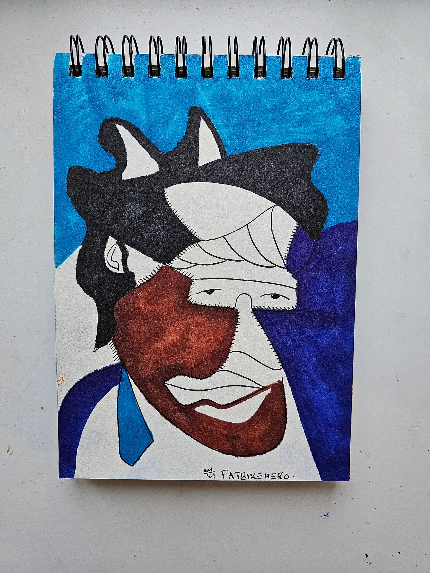 Alt Text: A stylized, marker-based portrait of Palantir CEO Alex Karp with wild black hair and a fragmented brown face against a blue background, drawn in a sketchbook. Alt Text: A stylized, marker-based portrait of Palantir CEO Alex Karp with wild black hair and a fragmented brown face against a blue background, drawn in a sketchbook.