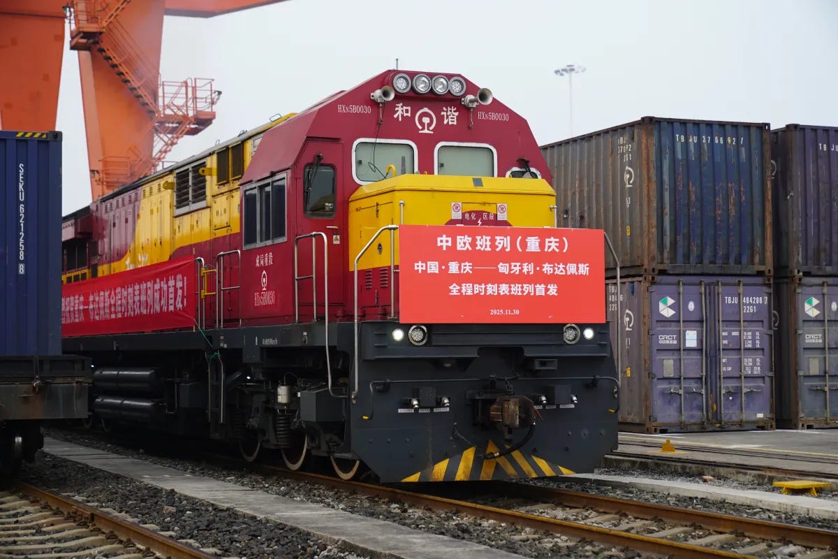 China-Europe Railway Express train, Chongqing. November 2025. Photo: [iChongqing](https://www.ichongqing.info/2025/12/02/chongqing-strengthens-china-europe-rail-network-with-new-direct-line-to-budapest/).