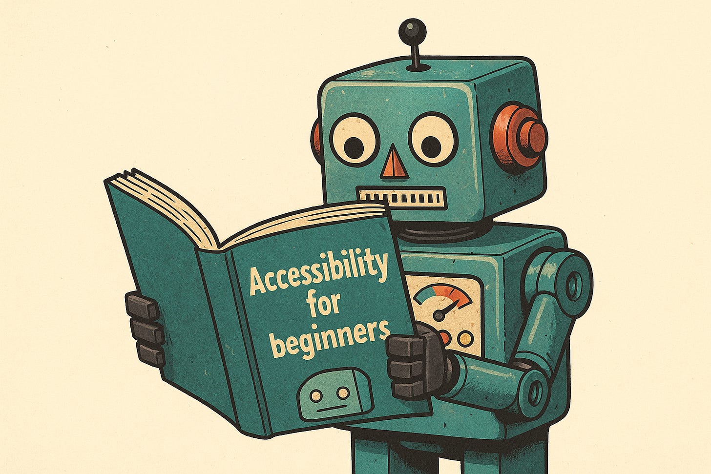 Cartoon robot reading a book titled “Accessibility for beginners,” suggesting a playful take on learning inclusive design.