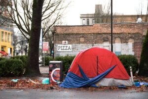 Homeless tent in a run down neighborhood
