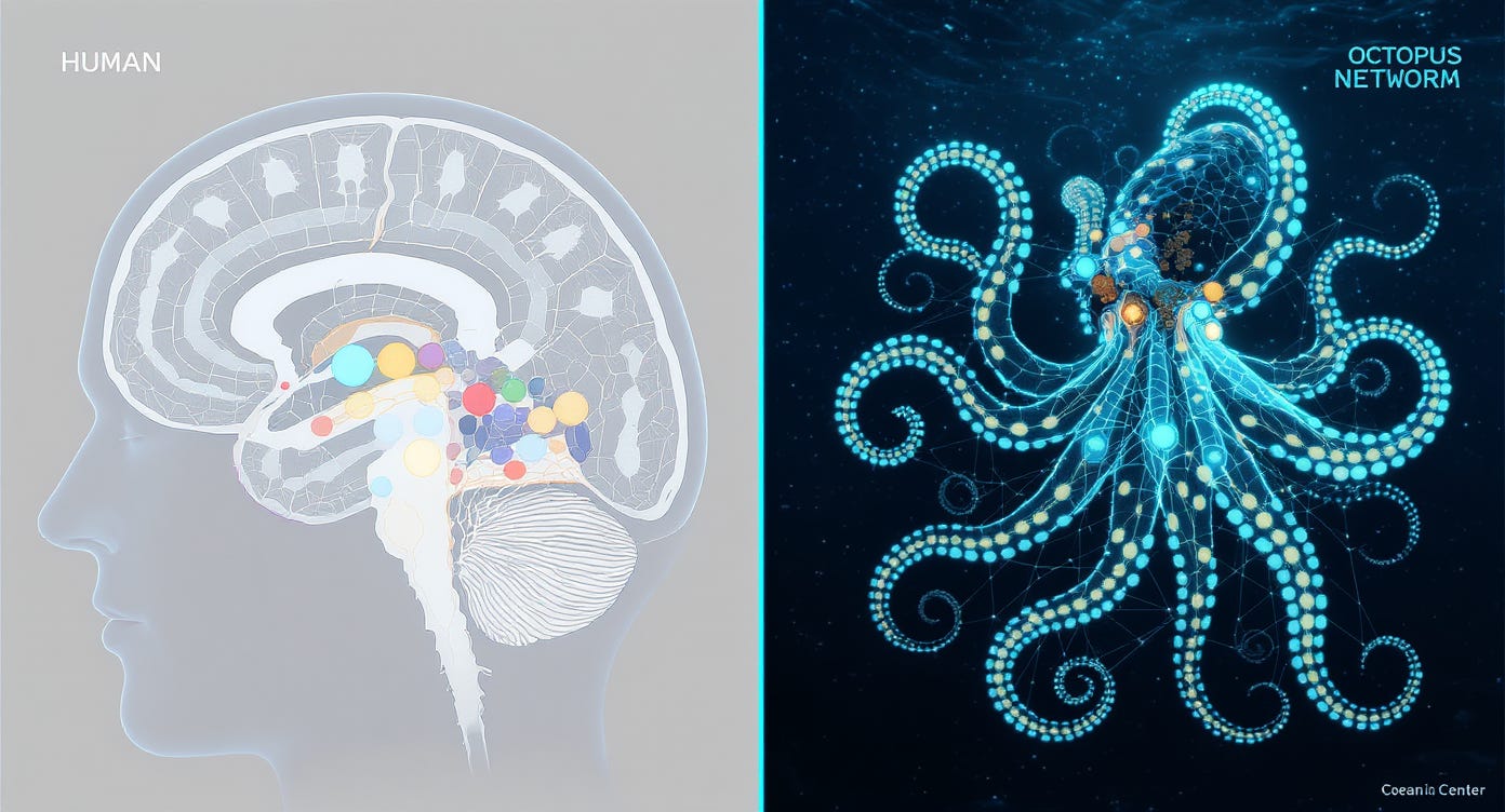 Comparison of centralized human brain vs distributed octopus nervous system