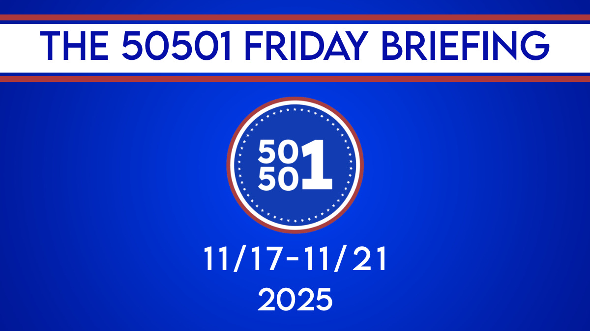 Blue graphic featuring the title ‘The 50501 Friday Briefing’ with the 50501 movement logo centered below. The date range 11/17–11/21, 2025 appears beneath the logo. Bold red and white stripes frame the design, representing an official weekly news briefing from The 50501 Movement.