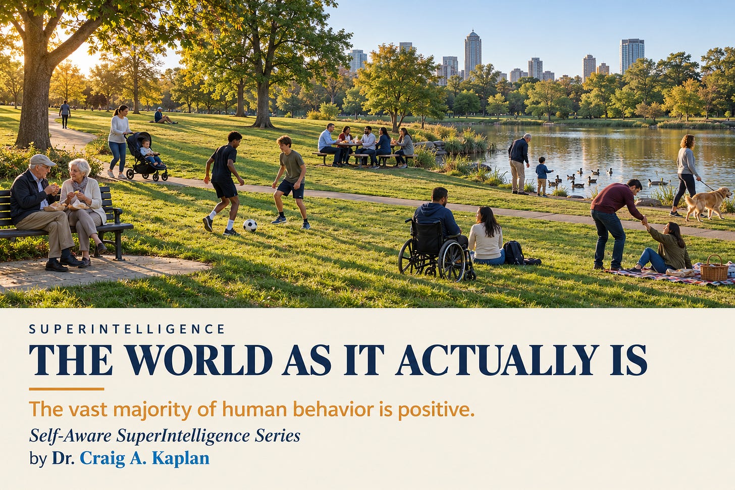 A wide view of a city park in late afternoon, many small figures of different ages and backgrounds sharing food, walking, playing, and feeding ducks. Below, a cream band reads: Superintelligence. The world as it actually is. The vast majority of human behavior is positive. Self-Aware SuperIntelligence Series. By Dr. Craig A. Kaplan. A wide view of a city park in late afternoon, many small figures of different ages and backgrounds sharing food, walking, playing, and feeding ducks. Below, a cream band reads: Superintelligence. The world as it actually is. The vast majority of human behavior is positive. Self-Aware SuperIntelligence Series. By Dr. Craig A. Kaplan.