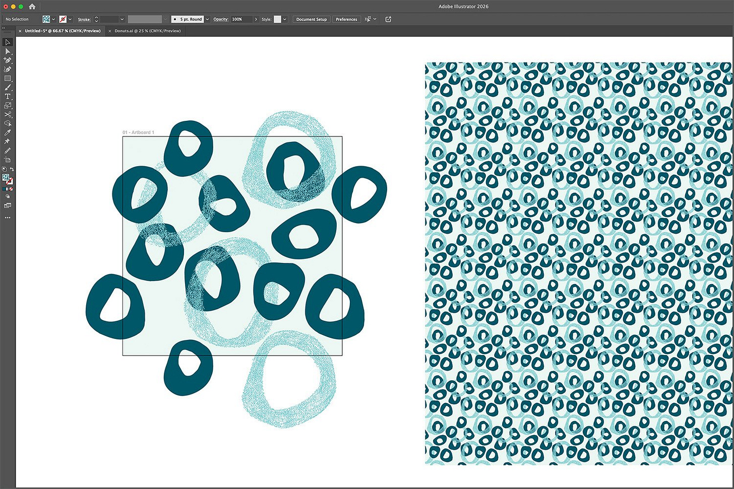 Illustrator screenshot of motifs arranged into a seamless teal repeating pattern.