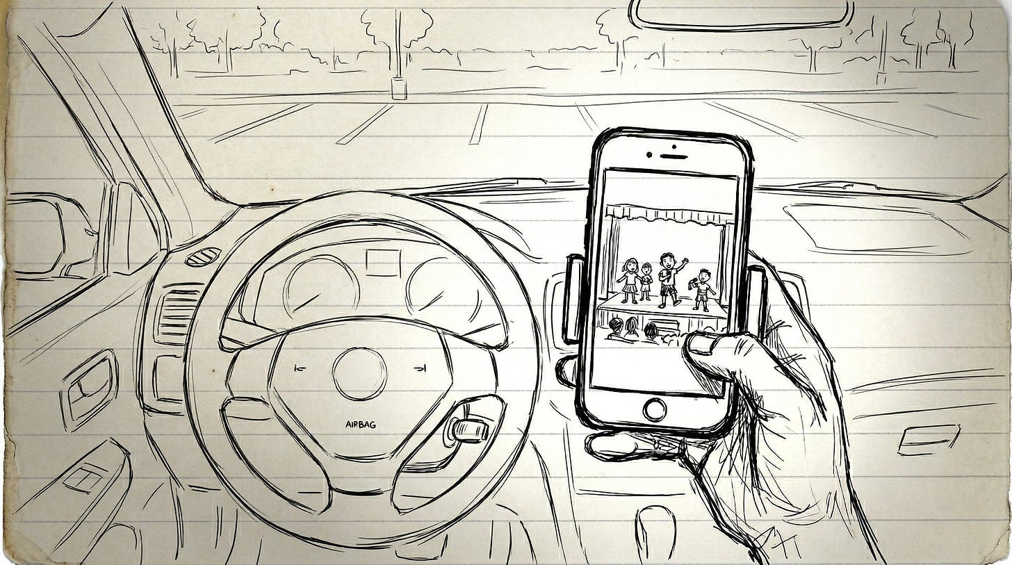 Hand-drawn sketch from inside a parked car, showing a steering wheel and a phone displaying a child’s award ceremony on a small stage, emphasizing distance and absence.