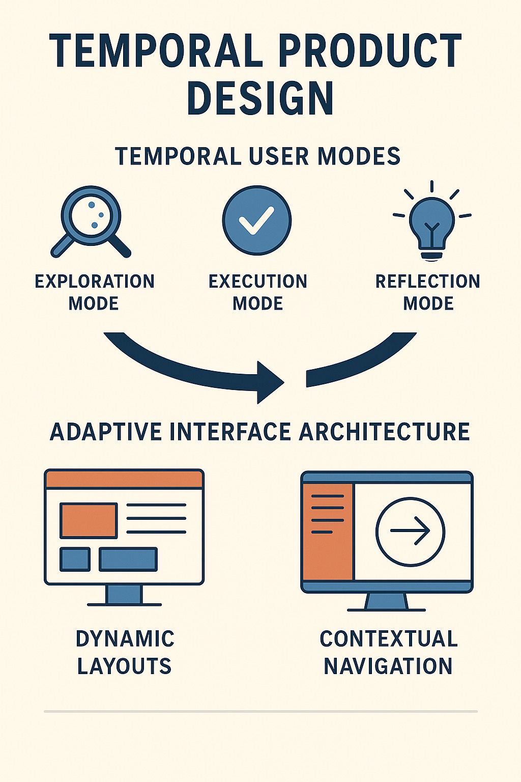Infographic illustrating Temporal Product Design with user modes and adaptive interface architecture