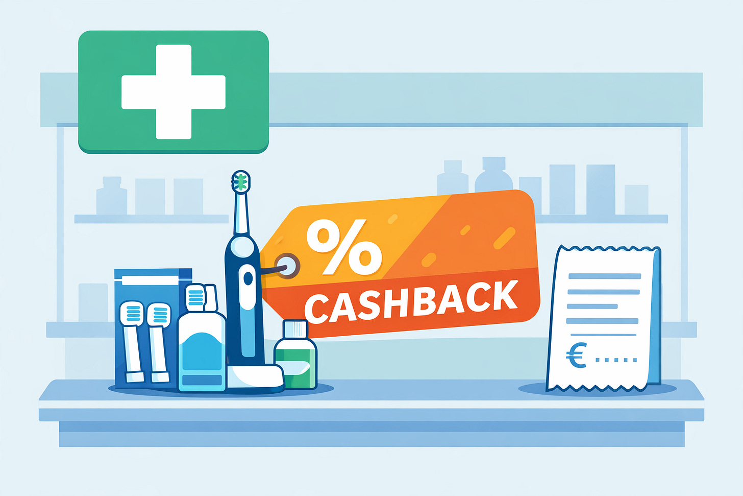 Illustrazione di una farmacia con prodotti per l’igiene orale Oral-B, etichetta cashback percentuale e scontrino, a rappresentare le offerte cashback attive in farmacia.