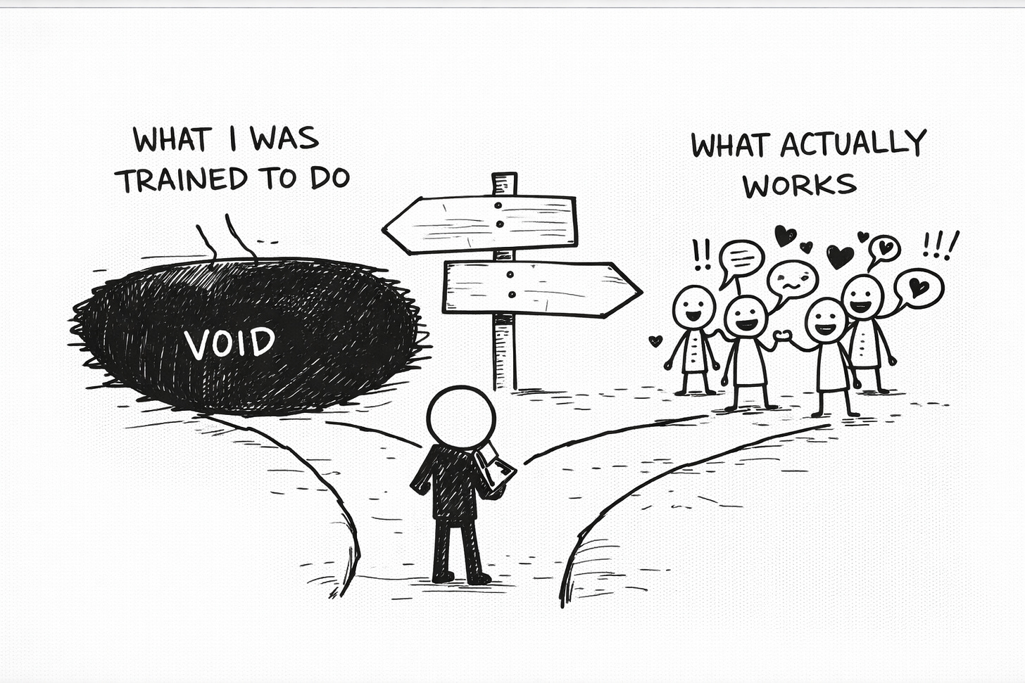 Hand-drawn whiteboard illustration of a stick figure standing at a fork in the road: one path labeled “What I Was Trained to Do” leads into a dark void, while the other path labeled “What Actually Works” leads toward engaged people with hearts and speech bubbles, symbolizing the shift from professional client-approved writing to authentic content that drives engagement.