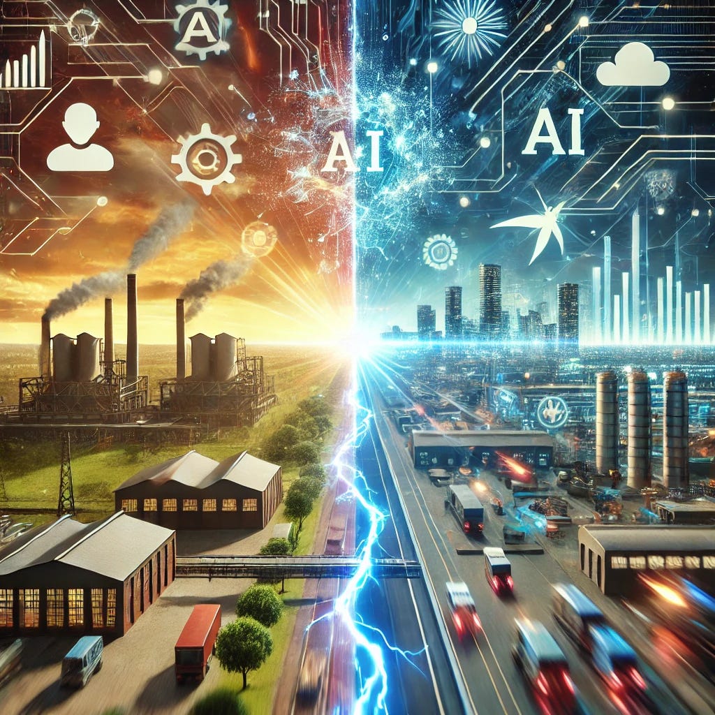 A dynamic scene showing a world transitioning suddenly into an AI-driven future. On one side, traditional industries and workflows are depicted in muted tones, while on the other side, vibrant, futuristic AI-driven systems emerge with bright holograms, digital data streams, and automated processes. A symbolic element like a crack or line divides the two worlds, representing the sudden shift, with AI icons and futuristic technology rapidly spreading from one side to the other. The image evokes the concept of a rapid, transformative phase shift in industries and society.