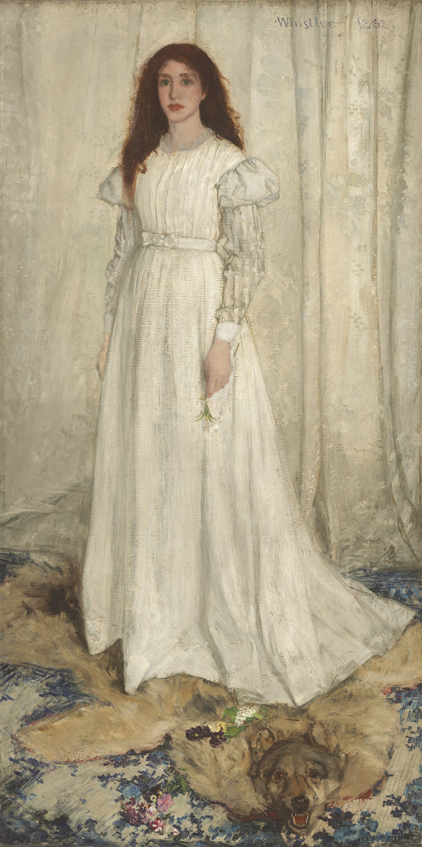 Whistler's Symphony in White No. 1, a woman in a white dress standing on a wolf-skin rug against a white curtain Whistler's Symphony in White No. 1, a woman in a white dress standing on a wolf-skin rug against a white curtain