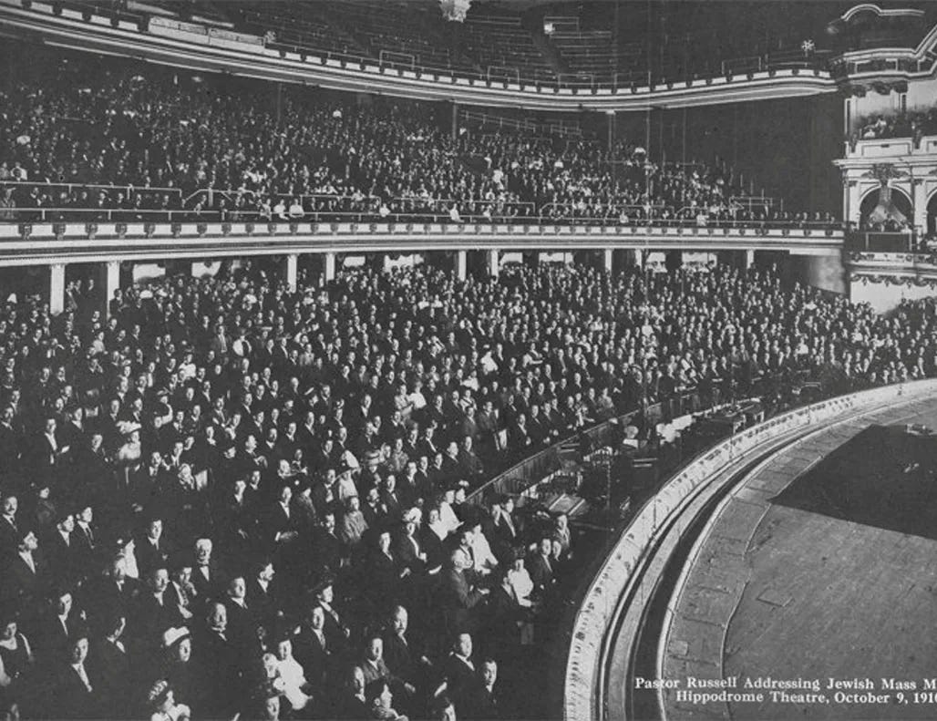 Pastor Russell holding a mass meeting with Jews at NY's Hippodrome theatre