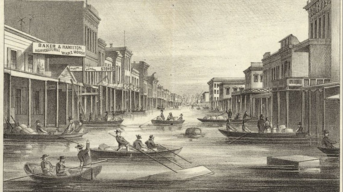 An old picture of the 1862 flood. Streets are flooded and people are on boats. An old picture of the 1862 flood. Streets are flooded and people are on boats.