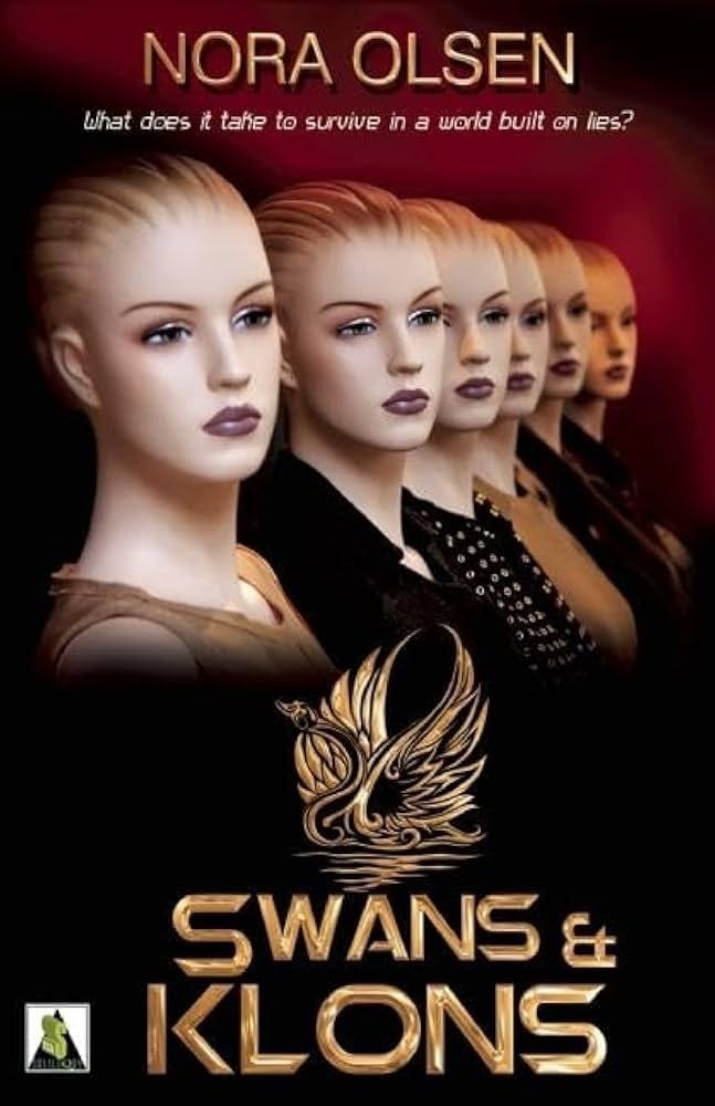 cover of Swans and Klons by Nora Olsen, showing a row of mannikin like women 