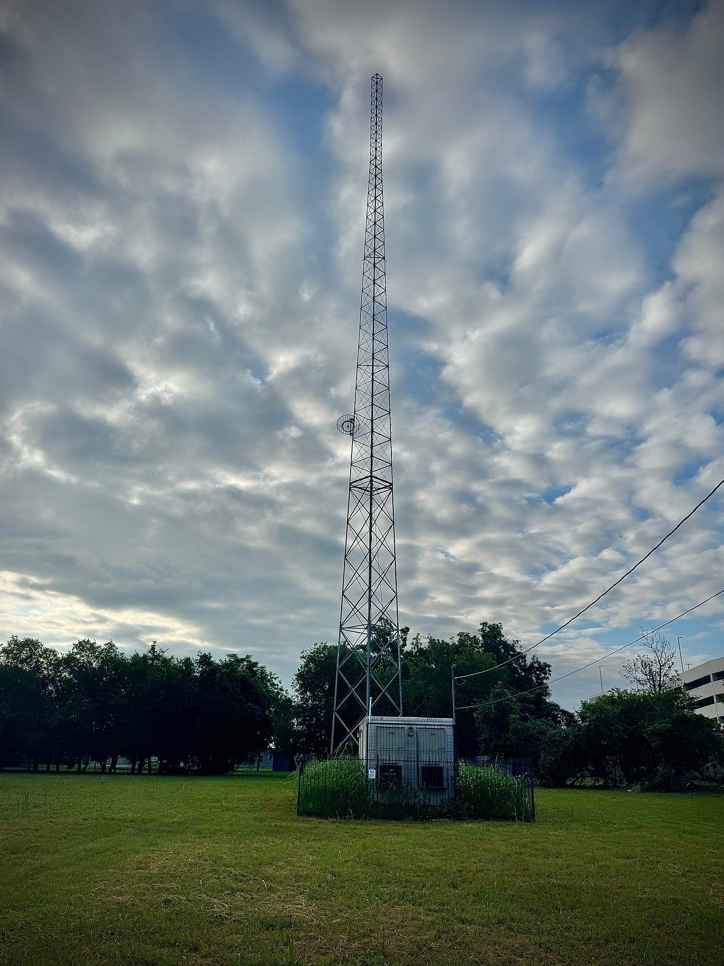 1920s AM radio transmission antenna in a green field with cloudy blue sky above and stand of trees behind