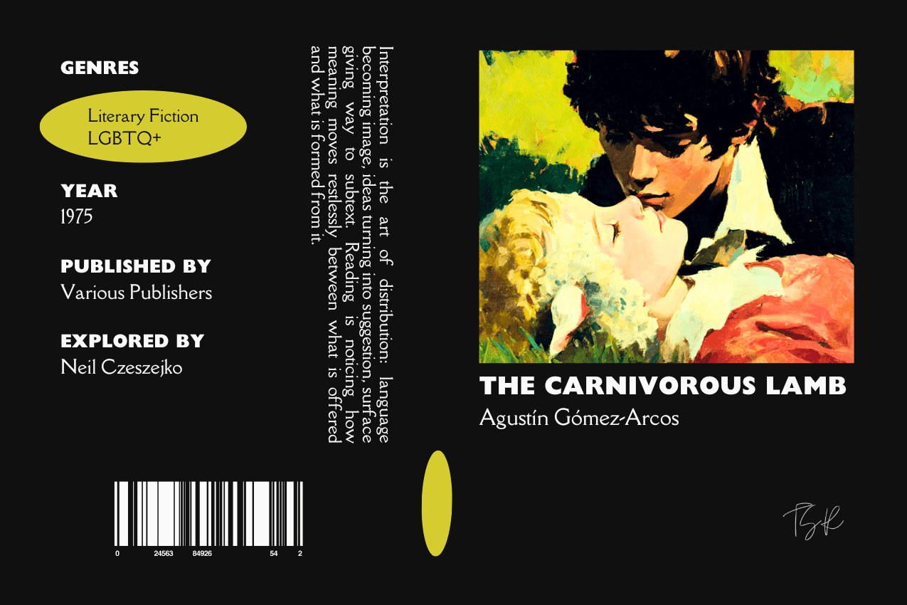 Editorial graphic featuring a stylized book jacket for "The Carnivorous Lamb" by Agustín Gómez-Arcos. The layout depicts a young man with dark hair leaning down toward a younger boy with blonde hair and lamb ears, lying in a field of green grass with his eyes closed. Metadata columns on the left list the genres Literary Fiction and LGBTQ+, and contributor Neil Czeszejko. All set against a black composition with a column of text about the art of interpretation and a barcode at the bottom. Part of the Literary Review series at The Subtext Review.