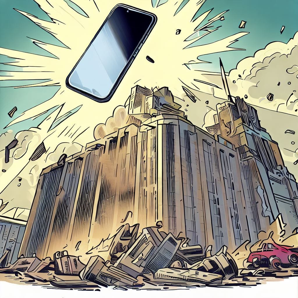 Comiczeichnung eines Verwaltungsgebäudes mit Trümmern. Im Vordergrund schwebt ein strahlendes Smartphone.
