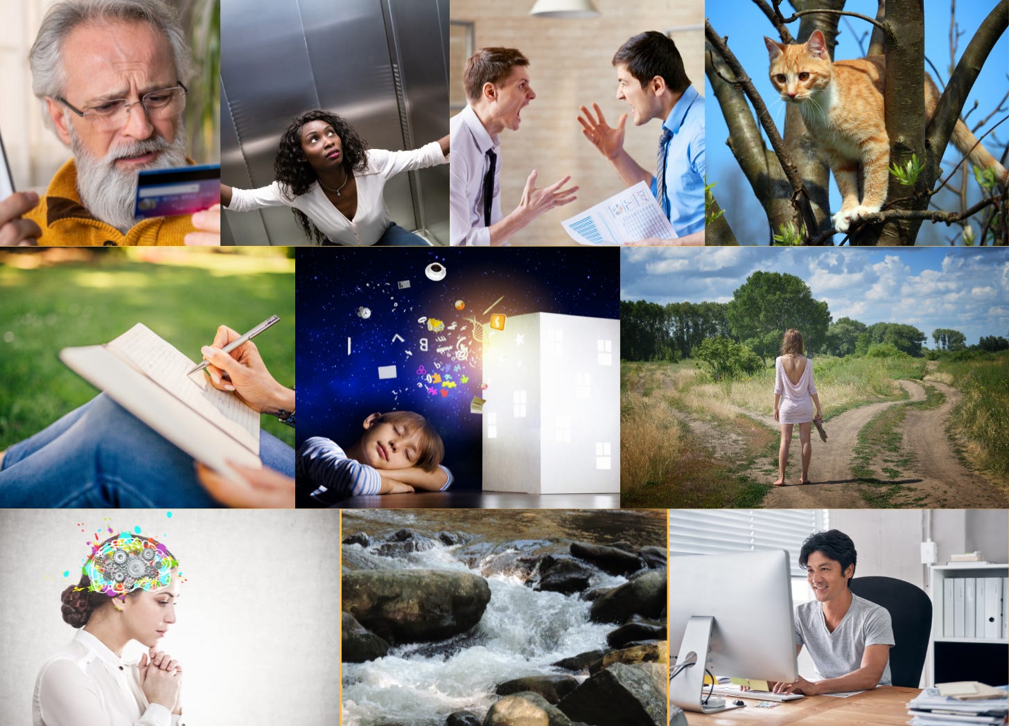 Collage of pictures on theme of being stuck in a dilemma to surmounting to flow and creativity.